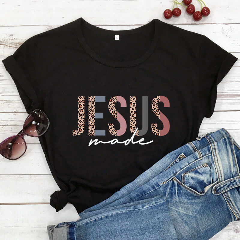 Leopard Print Jesus Made Black T-shirt Retro Women Christian Worship Tee
