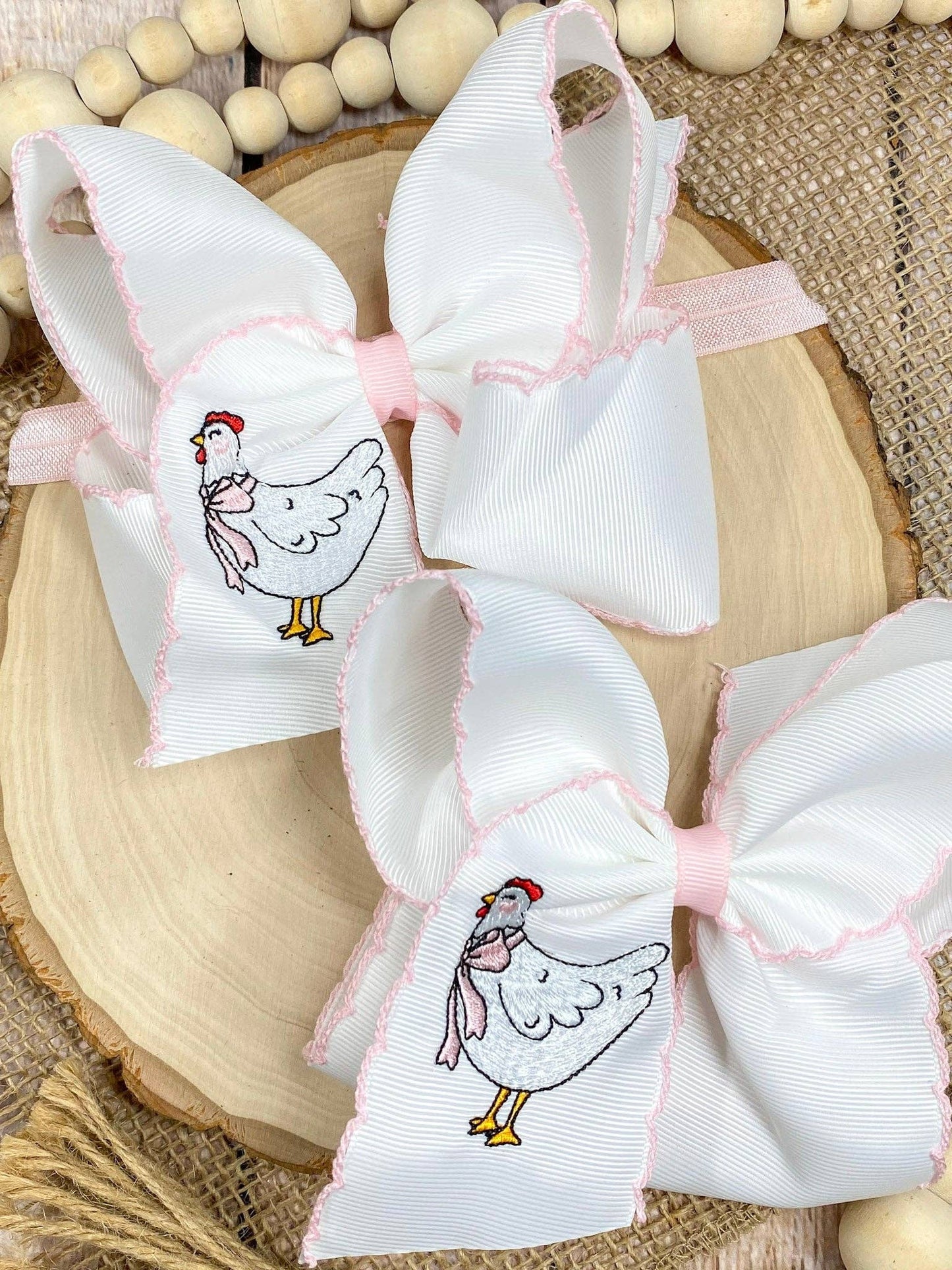 Chicken Embroidered Moonstitch Hair Bow | Clip or Headband