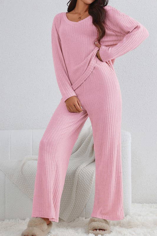 Ribbed Knit V Neck Slouchy Two Piece Lounge Set Outfit