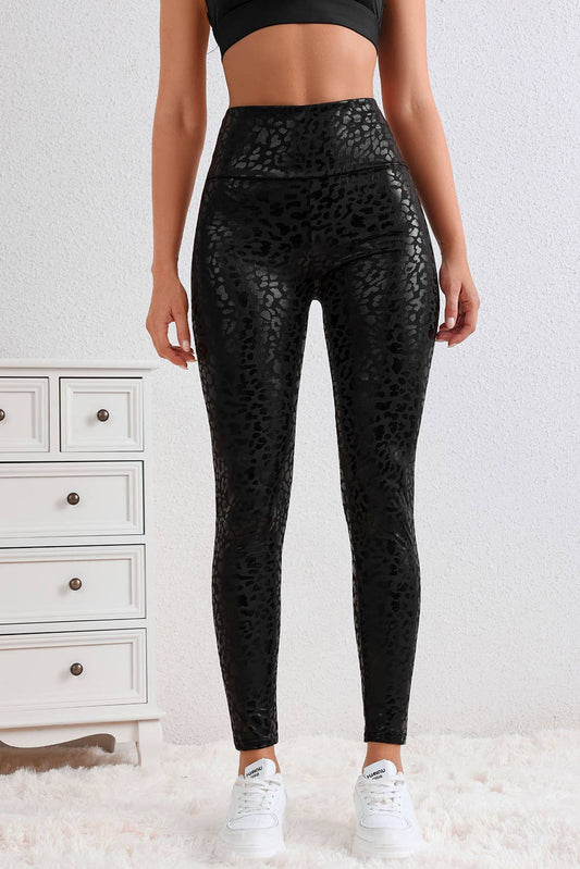 High Quality Black Shiny Leopard Textured Leggings