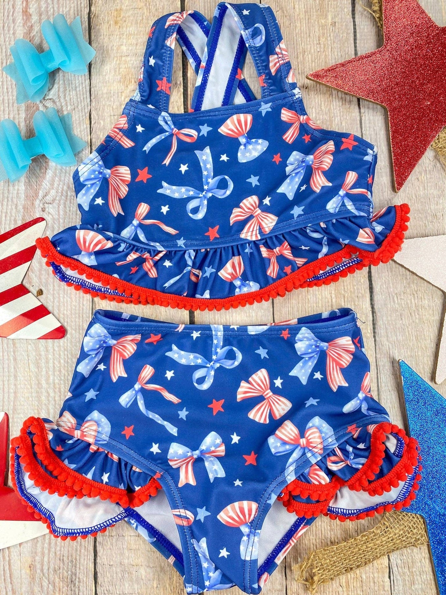 Navy Patriotic Bow Print Two-Piece Swimsuit | Baby Girls Ruffle Swim Set
