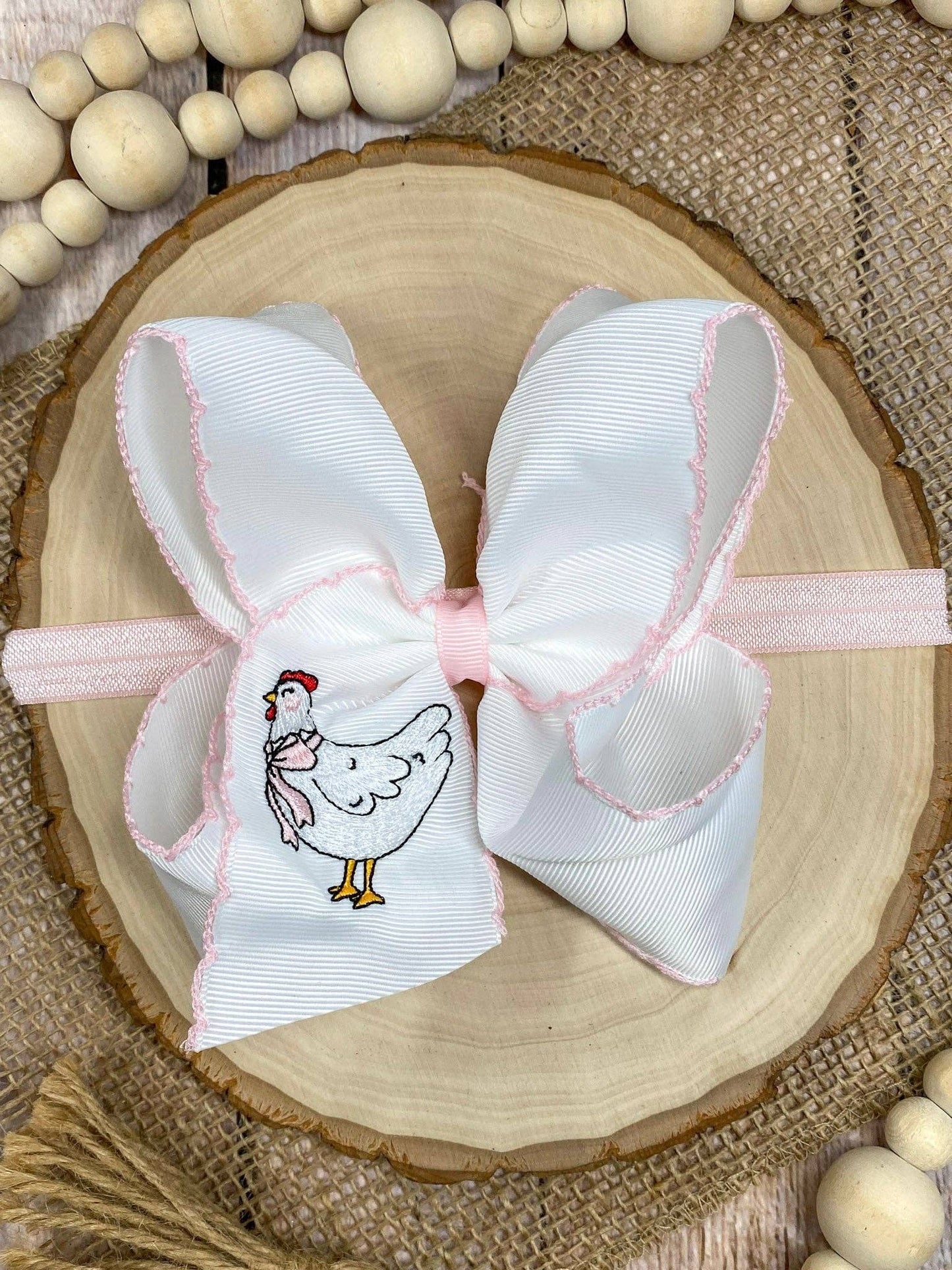 Chicken Embroidered Moonstitch Hair Bow | Clip or Headband