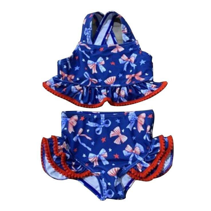 Navy Patriotic Bow Print Two-Piece Swimsuit | Baby Girls Ruffle Swim Set