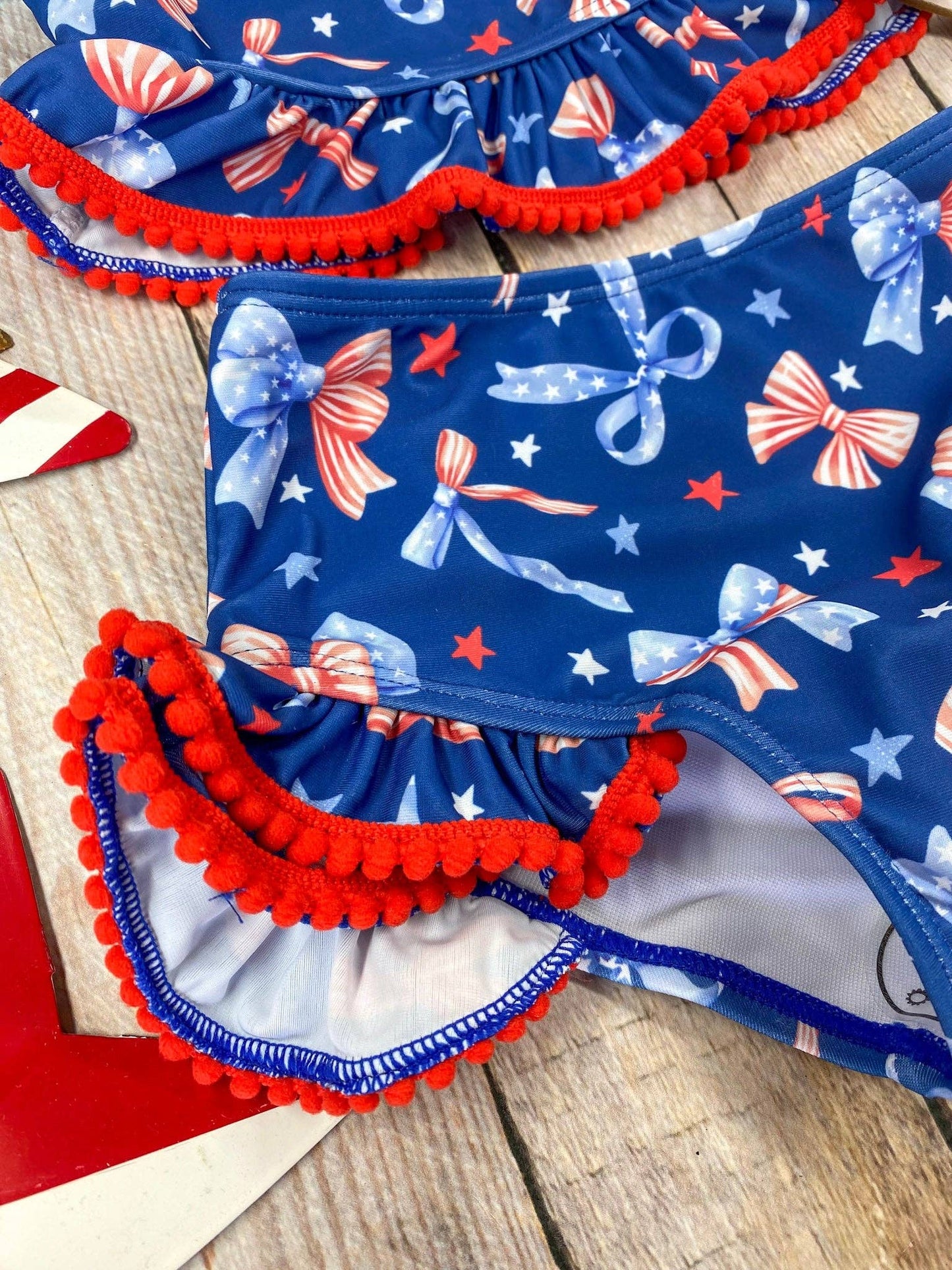 Navy Patriotic Bow Print Two-Piece Swimsuit | Baby Girls Ruffle Swim Set