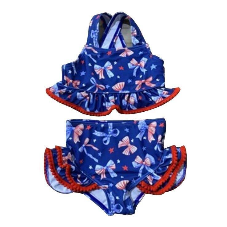 Navy Patriotic Bow Print Two-Piece Swimsuit | Baby Girls Ruffle Swim Set