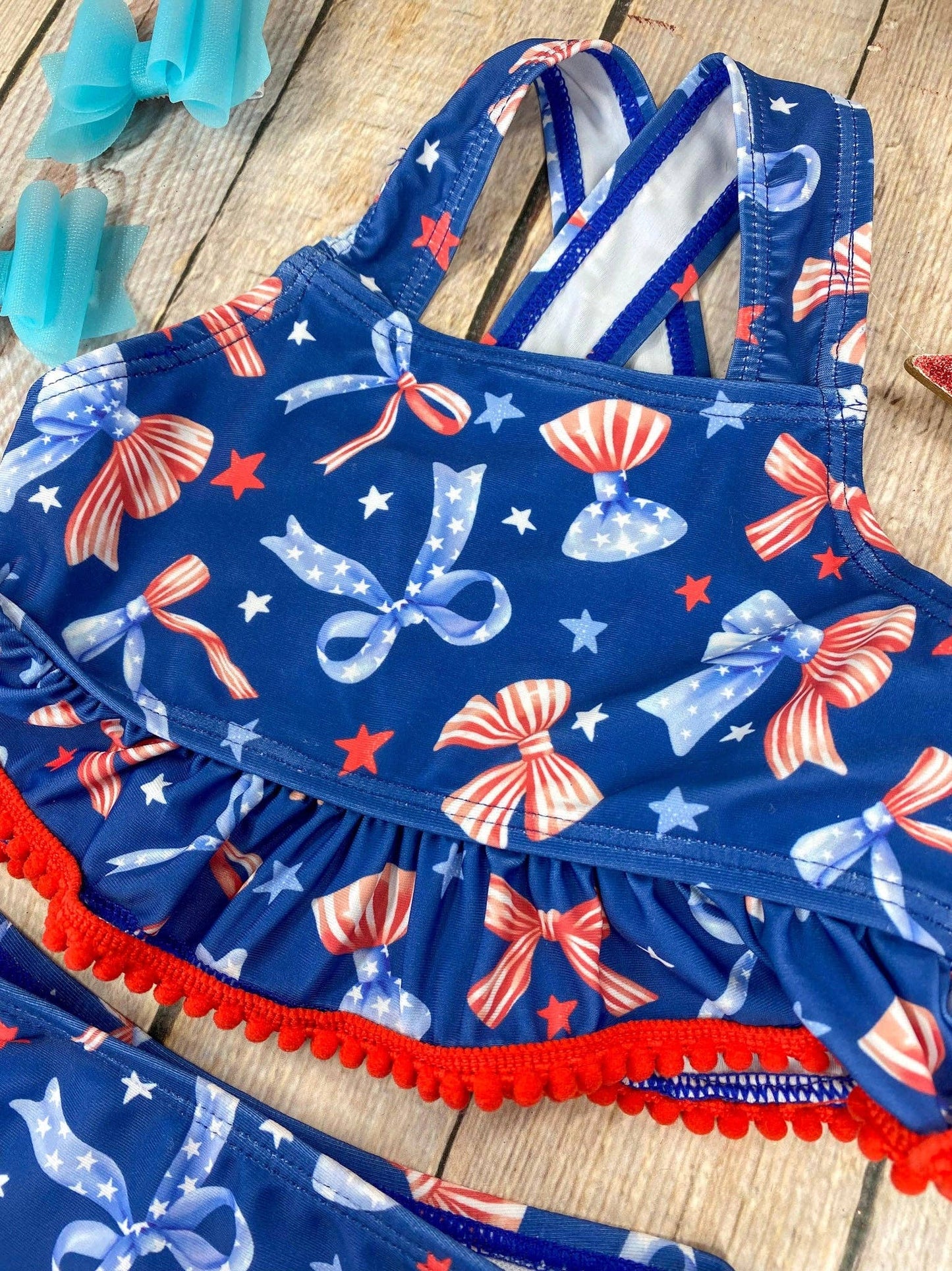 Navy Patriotic Bow Print Two-Piece Swimsuit | Baby Girls Ruffle Swim Set