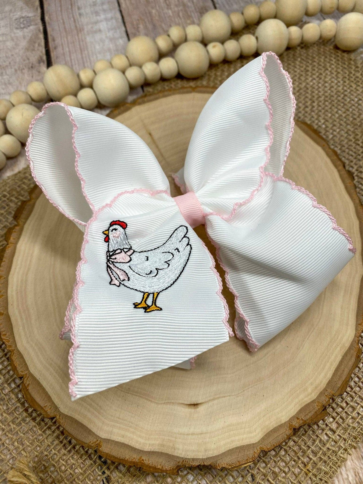 Chicken Embroidered Moonstitch Hair Bow | Clip or Headband