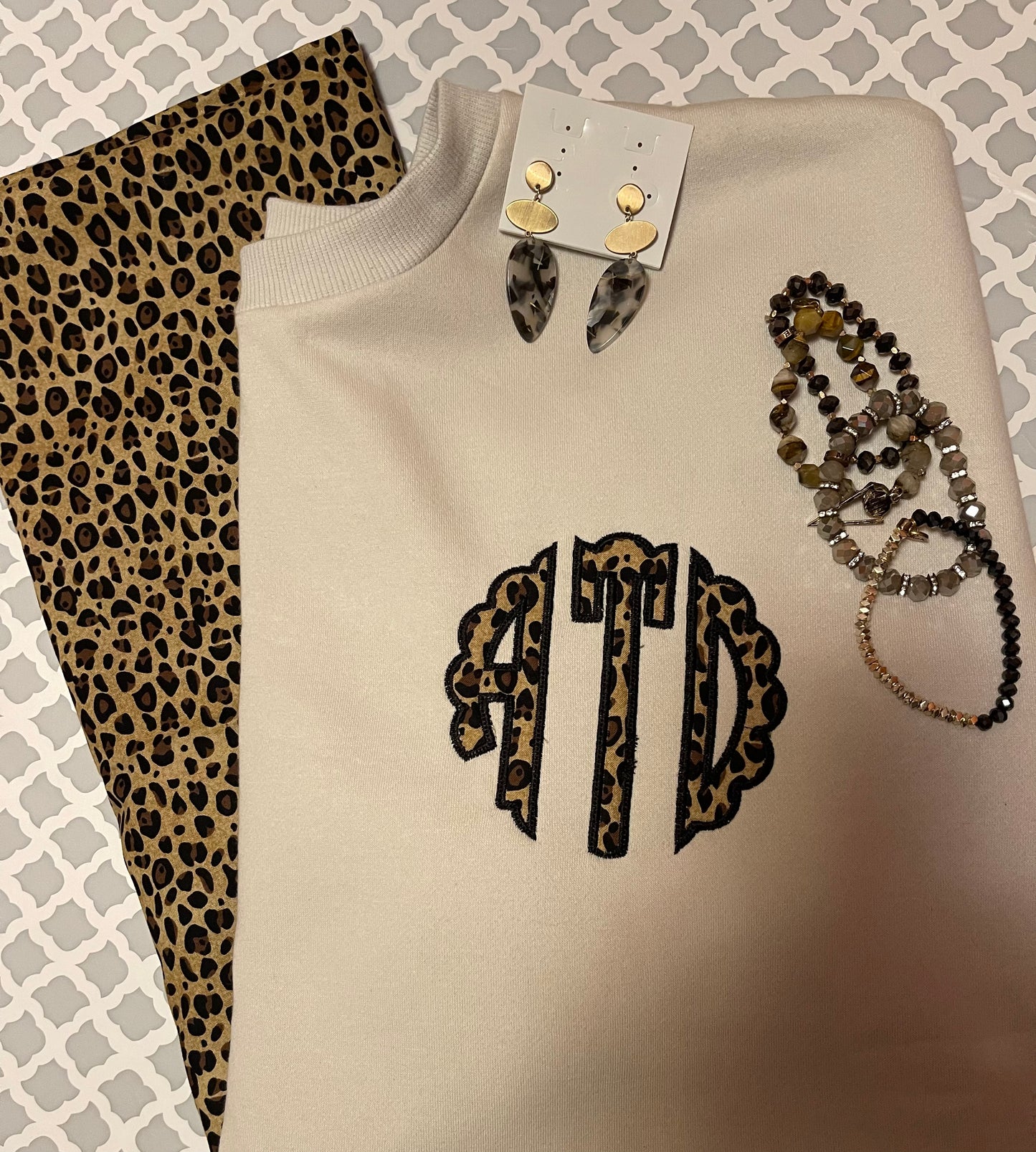 Scalloped Circle Monogram Sweatshirt Cheetah Print