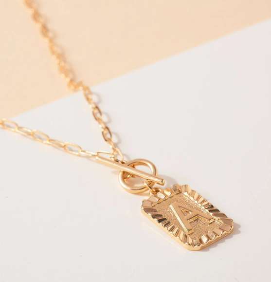 Gold Personalized Initial Rectangular Charm Necklaces