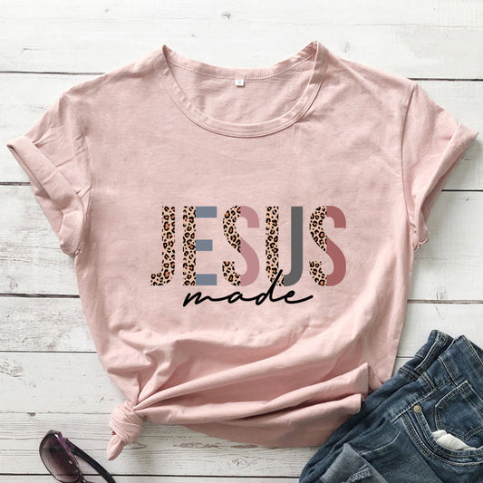 Leopard Print Jesus Made Pink T-shirt Retro Women Christian Worship Tee