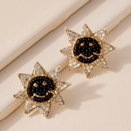 Jet Black Seed Bead Smiley Face Sun-Shaped Flat Back Earrings