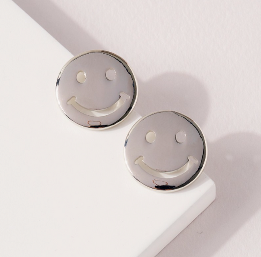 Round Smiley Face Earrings White Gold Look Nickle-free