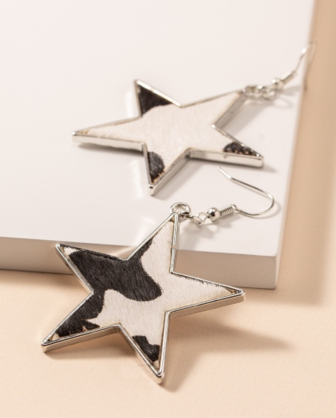 Cow Print and Calf Hair Star Shaped Dangling Earrings