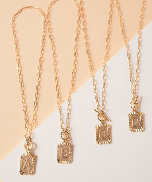 Gold Personalized Initial Rectangular Charm Necklaces