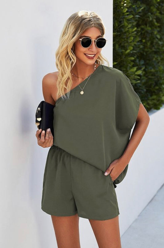 Olive One Shoulder Ruffled Romper